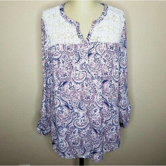 Daniel Rainn | Womens Size L Crochet Yoke Paisley Y-Neck Boho Blouse Top - Picture 2 of 5